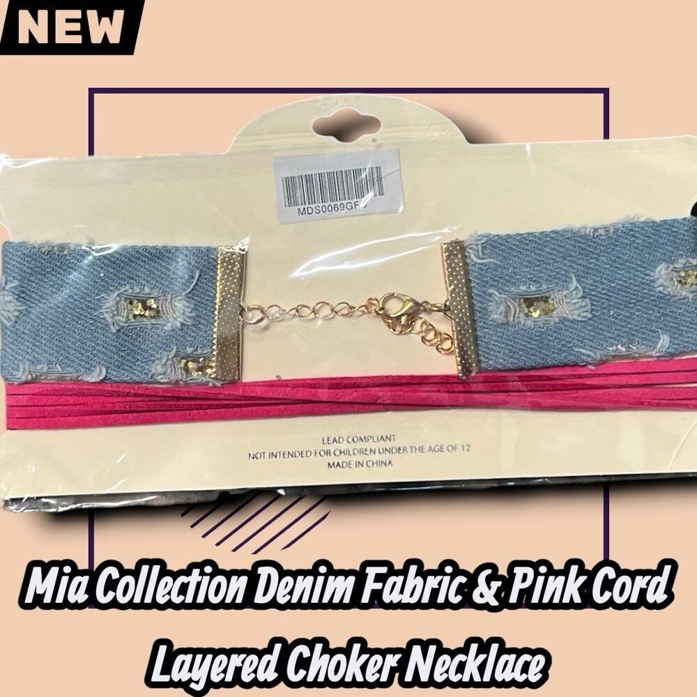 New Mia Collection Denim Fabric & Pink Cord Layered Choker Necklace Gold Tone Ad - Picture 3 of 3